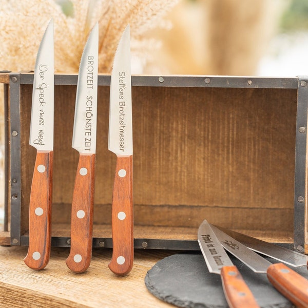 Hochwertiges Edelstahl Messer Brotzeitmesser|Steakmesser|Vespermesser mit Holzgriff. Personalisiert mit Wunschtext. Gravur auf der Klinge