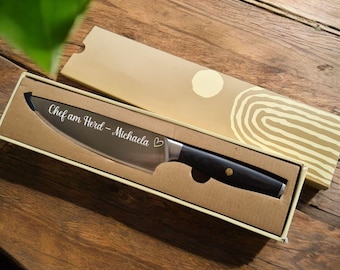 Großes Kochmesser mit Gravur – Geschenk für Vater oder Mutter – recycelter Edelstahl – edles Messer personalisiert mit Geschenkverpackung