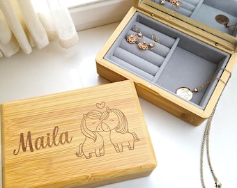 Schmuckkästchen Kinder,Teens Geschenk,Mädchen Gravur,Bambus Box personalisiert,Samt Spiegel,Erstkommunion,Einschulung,Geburtstag,Blumen,cool
