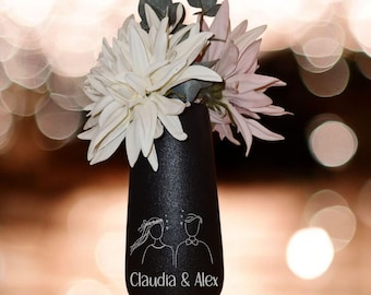 Personalized flower vase made of high-quality black ceramic – handmade, engraved, elegant decoration, gift for mom, girlfriend, wedding