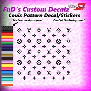 Op de afbeelding: Een vel met zwarte, gestanste stickers met een herhalend patroon van gestileerde bloemvormen en de letters LV. De tekst luidt FnD's Custom Decalz, Louis Pattern Decal/Stickers, 20+ Colors to choose from!, en Die Cut No Background.