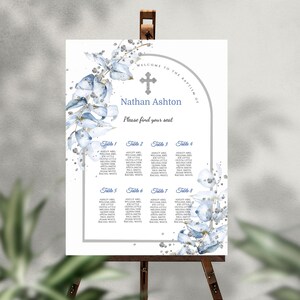 Plan de la table en eucalyptus bleu (numérique, modifiable) Baptême, communion, confirmation, détail de l'arche argentée, panneau de bienvenue, affiche de baptême
