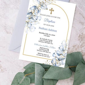 Faire-part de baptême eucalyptus bleu, faire-part de baptême garçon, baptême, communion, confirmation, invitation modifiable, arc bleu eucalyptus