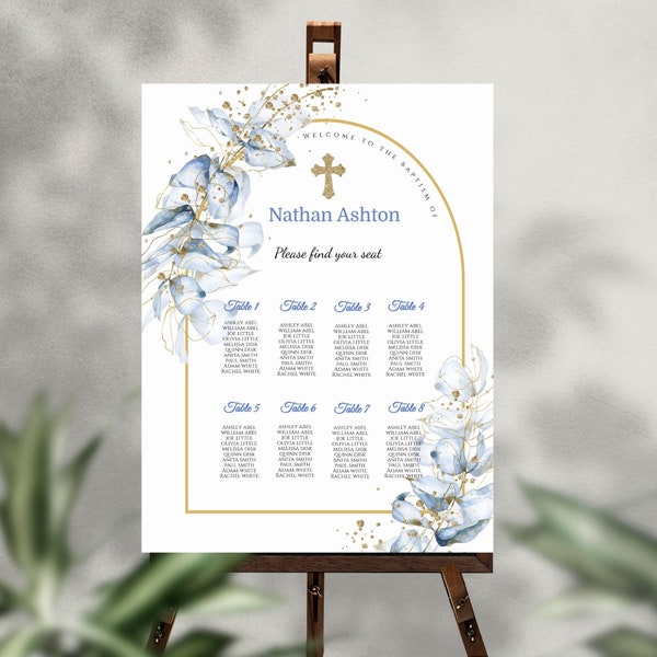 Blue Eucalyptus Baptism seating chart, Boy Baptism, Baptism, Communion, Confirmation, editable table seating chart, Eucalyptus blue arch