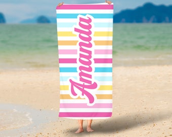 Striped Beach Towel, Custom Towels Beach, Custom Bath Towel with Name, Personalized Towel, Monogram Beach Towel, Vacation Gift