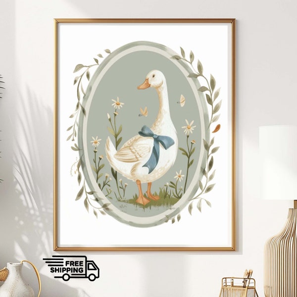 Delightful White Goose Art, Cute Goose Print, Green Nursery Gift Decor, FarmHouse Animal Printable, Kid Room Poster, Goose Illustration Room