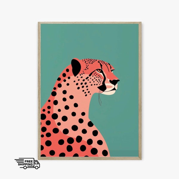 Pink Green Leopard Poster Print, Cheetah Themed Trendy Wall Art, Kids Room Safari Decor, Leopard Maximalist Decor, Cheetah Living Room Decor