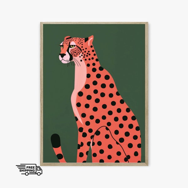 Safari Wildlife Artwork, Minimalist Pink Cheetah Wall Decor Print, Pink Leopard Kids Room Art, Pink Green Leopard Poster Downloadable Print