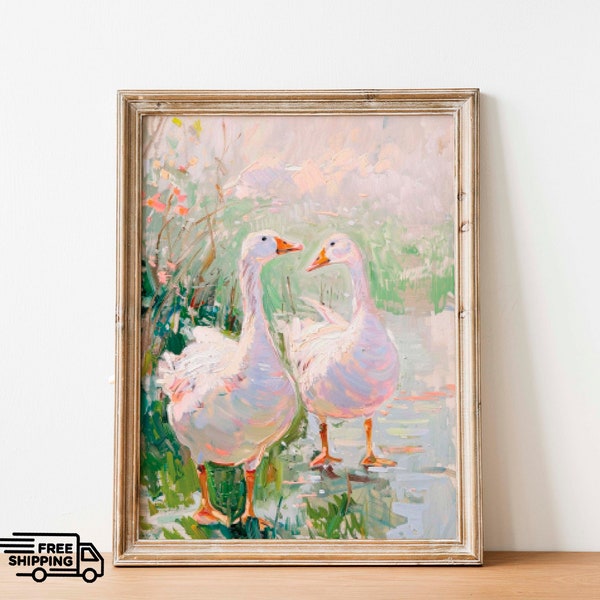 Cottage White Duck Painting, Nursery Wall Printable Art Mother Goose Garden, Antique Landscape Painting, Vintage Nature Print DIGITAL ART
