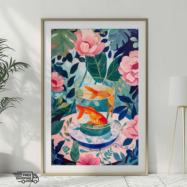 Goldfishes Downloadable Poster, Fish Jar Floral Digital Print, Plant Decor, Goldfish Aquatic Scene Wall Art, Matisse Goldfish Printable Art