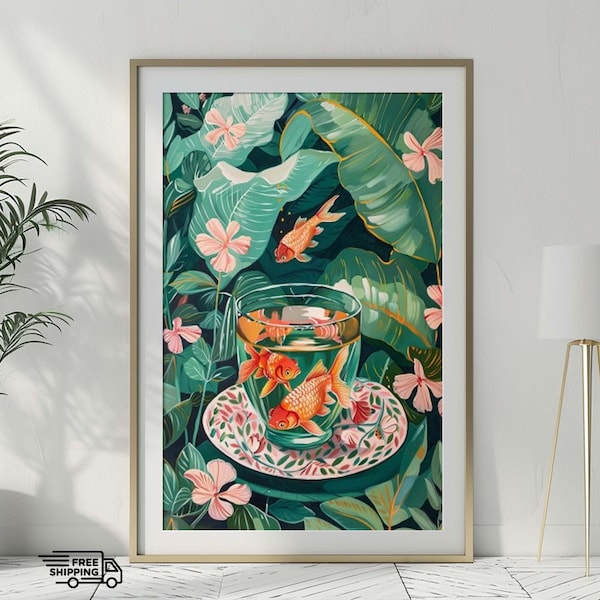 Fish Jar Floral Digital Print, Goldfish Jar Botanical Home Decor, Matisse Goldfishes Printable Art, Colorful Goldfishes Downloadable Poster