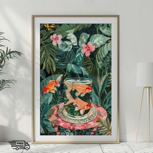 Goldfish Aquatic Print, Colorful Goldfishes Vibrant Home Decor, Matisse Goldfish Art Meaningful Gift, Fish Jar Plants Artwork Digital Poster