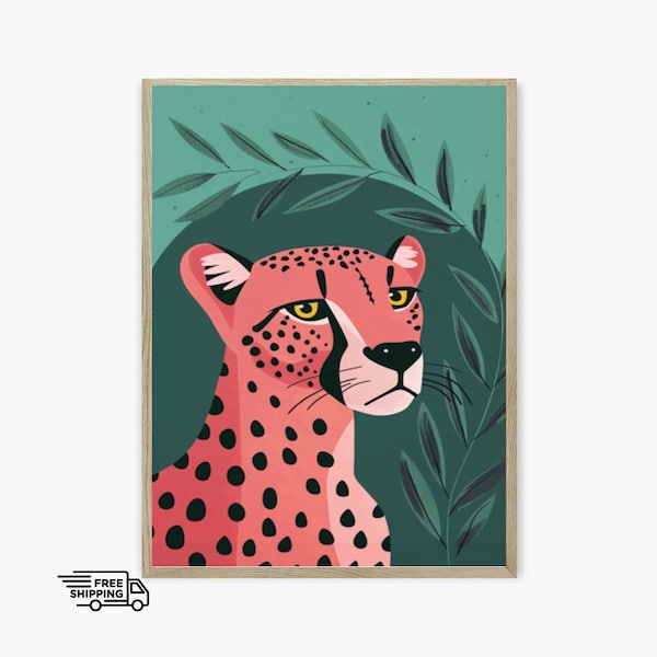 Wildlife Jungle Artwork Cheetah Design, Pink Cheetah Maximalist Print Home Decor, Leopard Illustration Gallery Wall Art, Pink Leopard Print