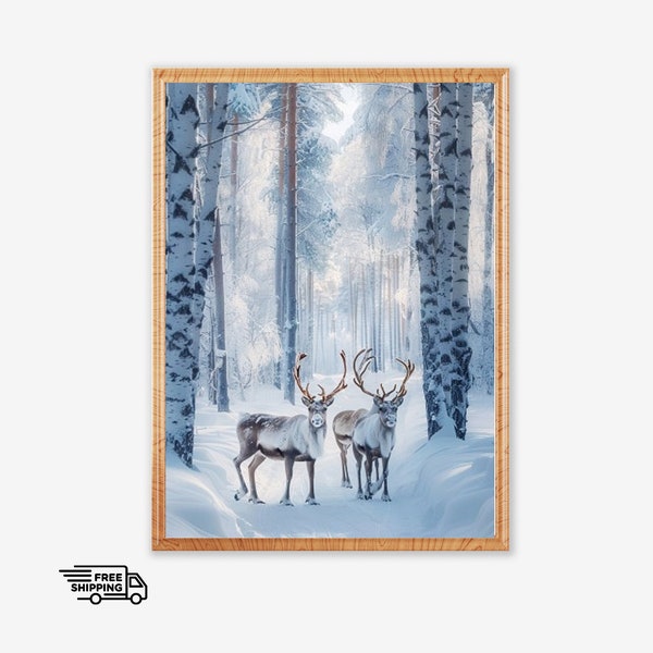 Nordic Reindeer Artwork, Snowy Reindeer Digital Print, Winter Reindeer Scenic Wall Art, Snow Covered Tree, Scandinavian Downloadable Artwork