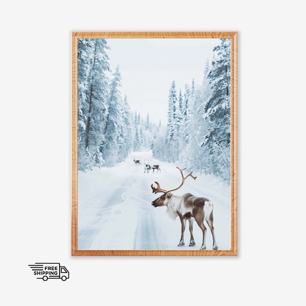 Minimalist Reindeers Art Gift, Christmas Themed Scandi Downloadable Art, Winter Wildlife Painting, Snowy Forests Rudolf Reindeers Art Poster