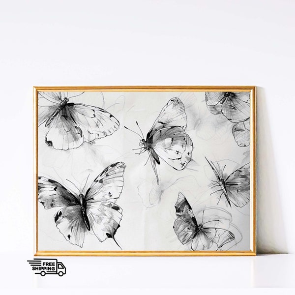 Monochrome Butterfly Theme Illustration, Nature Inspired Delicate Digital Artwork, Butterflies Natural Beauty Vintage Whimsical Digital Art