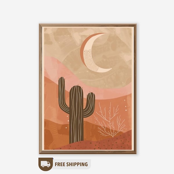 Vintage Desert Art Wall Print, Cactus Moon Artwork Living Room Decor, Cactus Poster Trendy Western Desert Art, Vintage Cactus Printable Art