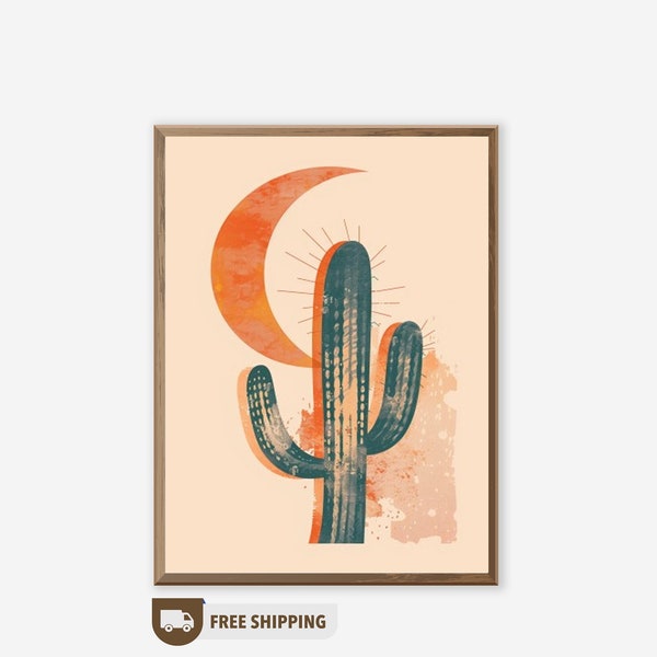 Southwestern Texas Cactus Decor, Desert Art Print, Mexico Plant Wall Decor, Hippie Cactus Wall Art, Boho Moon Room Decor, 60s Digital Print