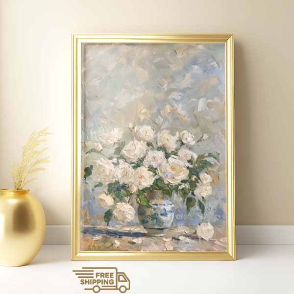 Unique White Roses Painting, Vintage Life, Farmhouse Decors, Digital Download, Floral Art Poster, Neutral Wall Prints, Printable Wall Arts