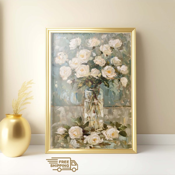 Special White Roses Painting, Vintage Life, Farmhouse Decors, Digital Download, Floral Art Poster, Neutral Wall Prints, Printable Wall Arts