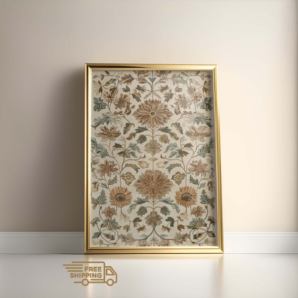 Classic Taupe Art Print, Gold Tone Decor, Neutral Tapestry Art, Modern Farmhouse Art, Antique Textile Poster, Printable Vintage, Digital Art