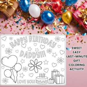 Regalo fácil de última hora para papá. ¡Feliz cumpleaños papá para colorear página imprimible! Actividad de tarjetas para colorear para niños pequeños Manualidad de 5 minutos