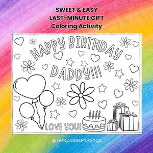 Regalo de último momento para papá. ¡Página para colorear de Feliz cumpleaños, papá, para imprimir! Actividad de tarjetas para colorear para niños pequeños Manualidad de 5 minutos
