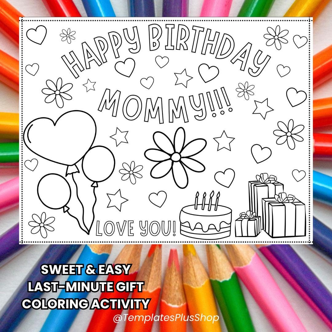 Happy Birthday Mommy Coloring Page Kids Activity Card (digital