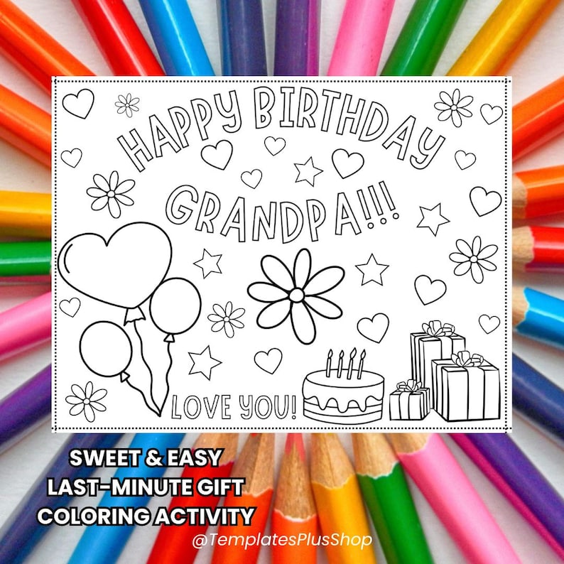 Happy Birthday Grandpa Coloring Page: Kids Activity Card (digital ...
