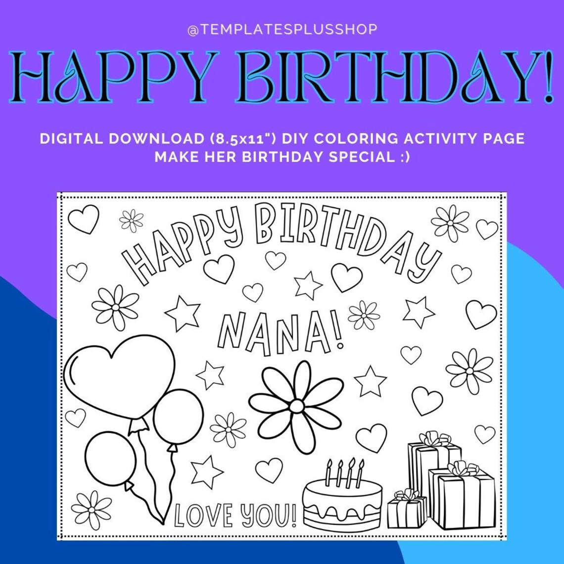 NEW Kids Coloring Card Last-minute Easy Gift Happy Birthday Coloring Page Printable Nana Color ...