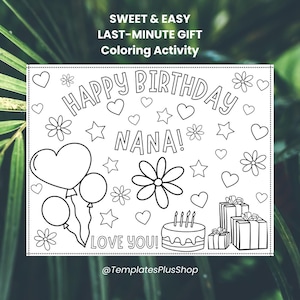 Regalo fácil de último momento Feliz cumpleaños Nana Página para colorear Tarjeta para colorear imprimible Actividad para niños pequeños Niños Abuela