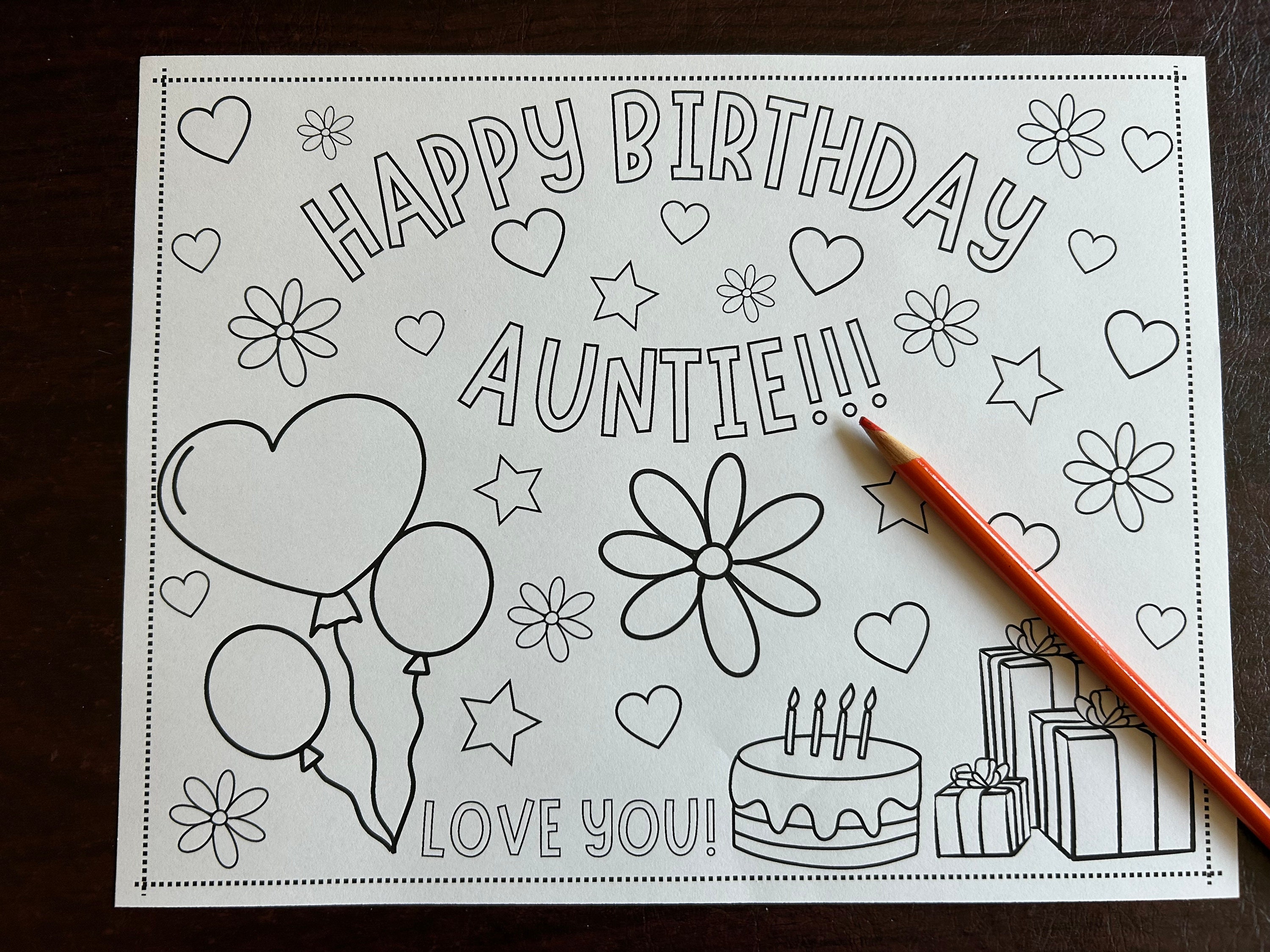 Last-minute Easy Gift Happy Birthday Auntie Coloring Page Printable Kids Coloring Card Activity ...