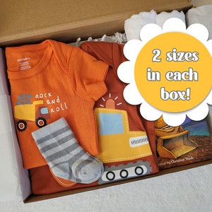 Baby Boy Gift Set - Construction Theme - 6 Pieces | TWO sizes in each box! with Socks and Book!