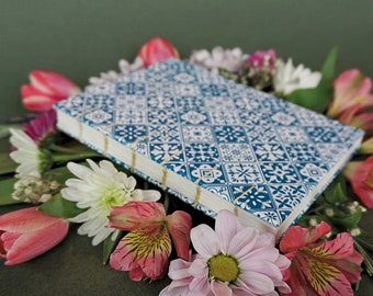 Blue and White Mosaic Floral Sketchbook 5x7 inches Custom Hand-bound French link Exposed Binding Unique Gift for Artists Notebook Lay flat