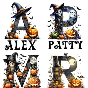 May include: Halloween-themed personalized name art featuring the names ALEX, PATTY, MASON, and RILEIGH. Each name is represented by a letter decorated with pumpkins, bats, and witch hats. The letters are in a spooky, gothic style.