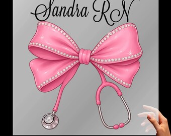 Personalized Stethoscope Bow DTF Transfer | Custom Name Iron-On Decal for Nurse T-Shirt