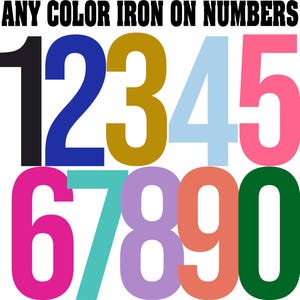 May include: A collection of iron-on numbers in various colors, including black, blue, gold, light blue, pink, magenta, teal, purple, coral, and green. The text "ANY COLOR IRON ON NUMBERS" is displayed above the numbers.