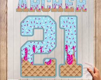 Personalized Ice Cream Drip Sprinkle Number with Name | Custom Birthday Shirt Design | DTF Iron On Transfer for Jersey T-Shirts & Apparel