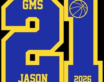 Puede incluir: Gráfico azul y amarillo con el número 21. El texto "GMS" está en la parte superior, "JASON" en la inferior y "2026" a la derecha. Un gráfico de baloncesto está encima del número 1.