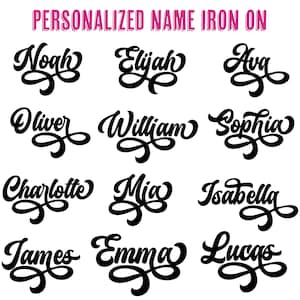 May include: A set of 12 iron-on name designs in a cursive font. The names are Noah, Elijah, Ava, Oliver, William, Sophia, Charlotte, Mia, Isabella, James, Emma, and Lucas.