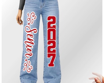 Custom Senior Spirit Jean / Homecoming Denim Iron On with a 2-color personalized design.