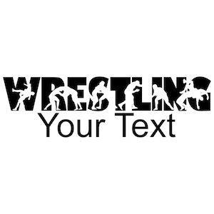 Pode incluir: Gráfico em silhueta preto e branco de lutadores em várias poses formando a palavra "WRESTLING" com o texto "Your Text" abaixo.