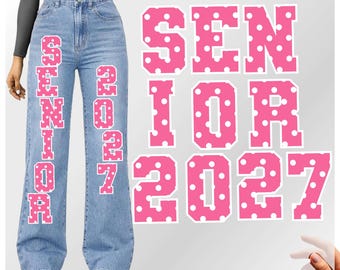 Polka Dot Senior Spirit Jean Homecoming Denim Iron On | Pink Black Purple White