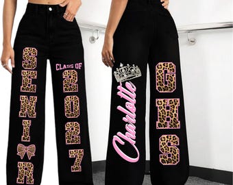 Leopard Print Custom Senior Spirit Jean / Homecoming Denim Iron On with a 2-color personalized Front and Back design.