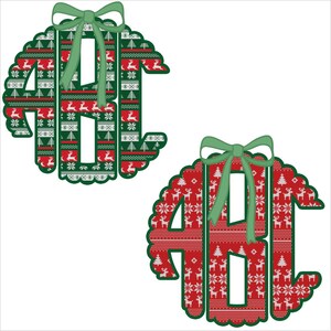 May include: Two Christmas monogram designs. One is green with red accents, the other is red with green accents. Each features the letters "ABC" in a festive sweater pattern, adorned with a green bow at the top. The designs are circular with a scalloped edge.