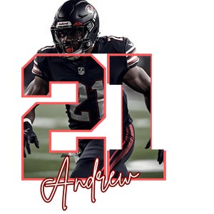 May include: An image of a football player in a black and navy uniform with the number 21 in a red outline. The player is wearing a black helmet. The name "Andrew" is written in a cursive font at the bottom of the image.