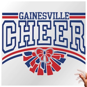May include: A white sticker with the words "GAINESVILLE CHEER" in blue and red. The word "CHEER" is in large block letters. A red bow and ribbon design is at the bottom.