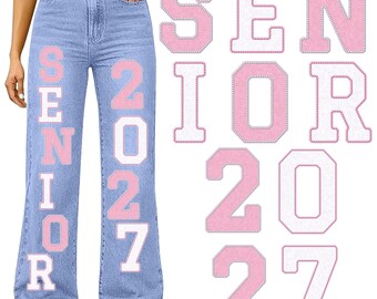 Pink White Senior Spirit Jean Homecoming Denim DTF Iron On | Rhinestone style