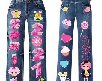 Custom Senior Spirit Jean / Homecoming Denim Iron On with a 2-color personalized Front and Back design Cartoon Character