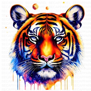 Könnte beinhalten: Eine lebendige, farbenfrohe Illustration eines Tigergesichts. Das Kunstwerk zeigt eine Mischung aus Orange-, Blau- und Gelbtönen, mit detailliertem Fell und Gesichtszügen. Das Bild hat einen Aquarelleffekt mit Farbtropfen am unteren Rand.